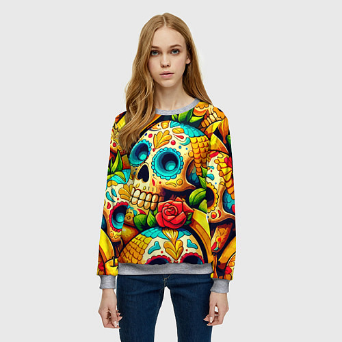 Женский свитшот Colorfull skulls and bananas - pop art pattern / 3D-Меланж – фото 3