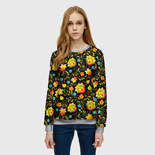 Женский свитшот Хохлома цветы / 3D-Меланж – фото 3