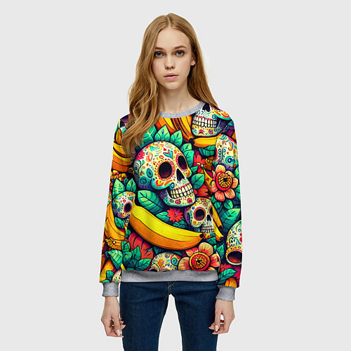 Женский свитшот Паттерн из черепов и бананов - нейроарт / 3D-Меланж – фото 3