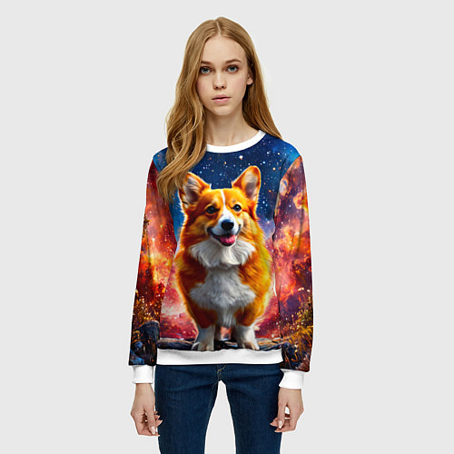 Женский свитшот Корги и космическое небо / 3D-Белый – фото 3