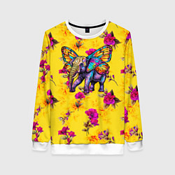 Свитшот женский Слон с крыльями бабочки на цветочном фоне, цвет: 3D-белый