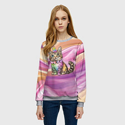 Свитшот женский Котенок в костюме единорога, цвет: 3D-меланж — фото 2
