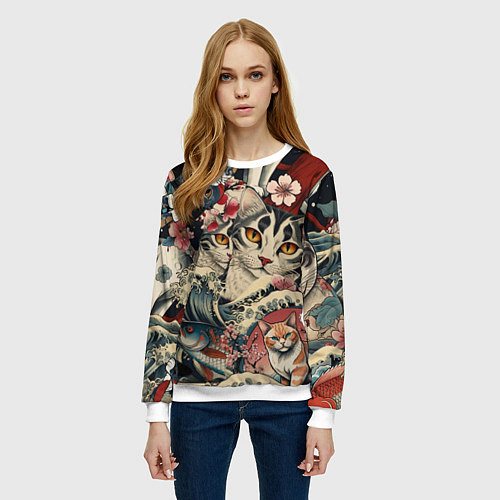 Женский свитшот Котики и рыбки в сакуре / 3D-Белый – фото 3