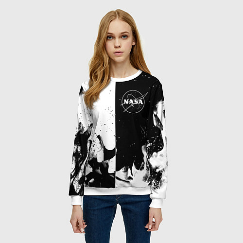 Женский свитшот Nasa черно белый огонь / 3D-Белый – фото 3