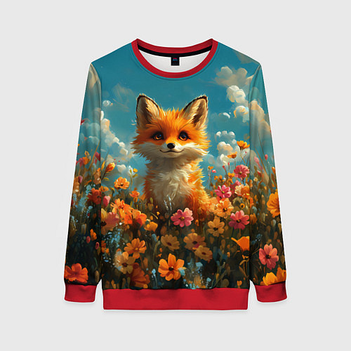 Женский свитшот Лисица в цветочном поле / 3D-Красный – фото 1