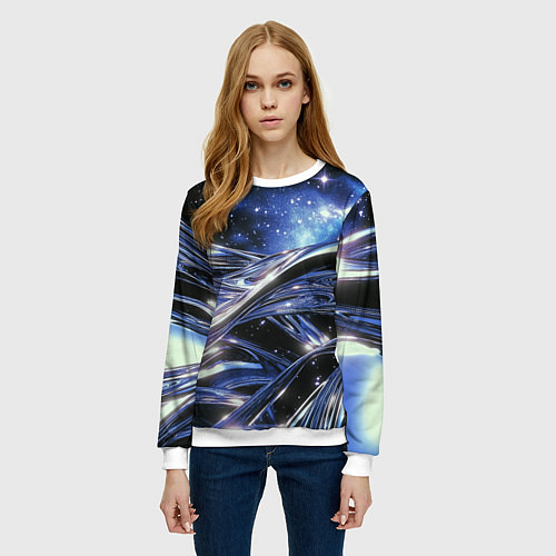 Женский свитшот Закрученные линии и звезды - космическая абстракци / 3D-Белый – фото 3