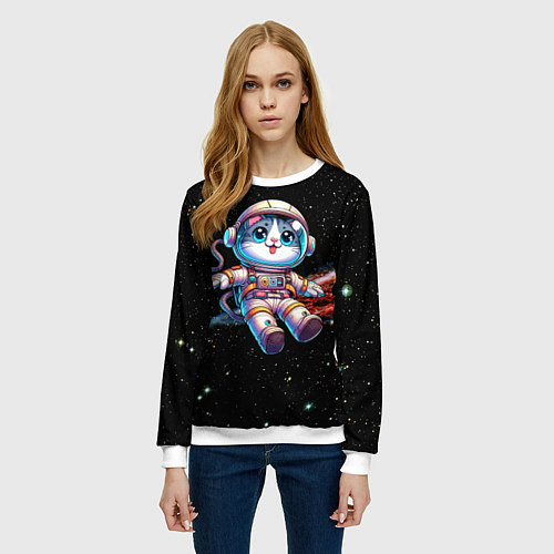 Женский свитшот Котёнок космонавт в открытом космосе / 3D-Белый – фото 3