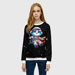 Свитшот женский Котёнок космонавт в открытом космосе, цвет: 3D-белый — фото 2