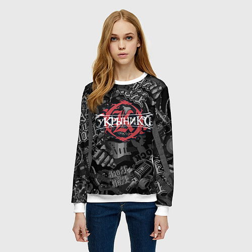 Женский свитшот Кукрыниксы логотип на фоне гитар / 3D-Белый – фото 3