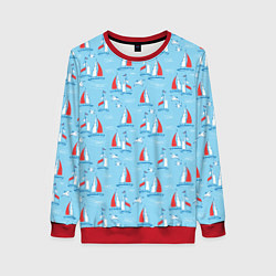 Свитшот женский Морской паттерн с парусными лодками и чайками, цвет: 3D-красный