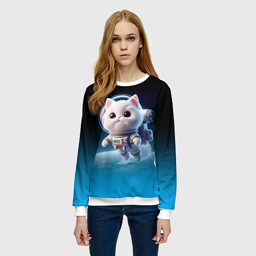 Женский свитшот Милый белый котёнок космонавт / 3D-Белый – фото 3