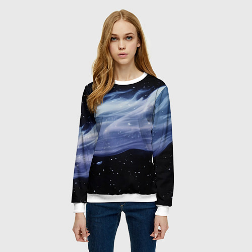 Женский свитшот Синяя волна в космосе - текстура / 3D-Белый – фото 3