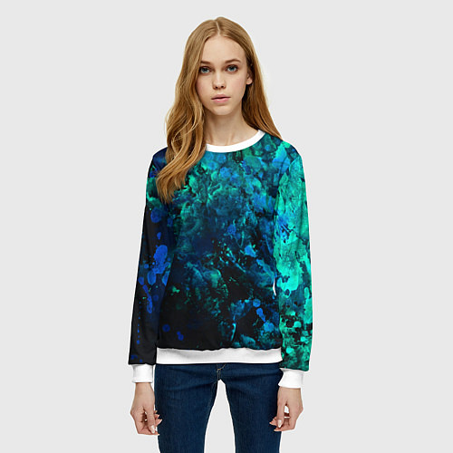 Женский свитшот Абстракция - blue-green paint spill / 3D-Белый – фото 3