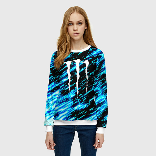 Женский свитшот Monster energy штрихи голубых неоновых красок / 3D-Белый – фото 3