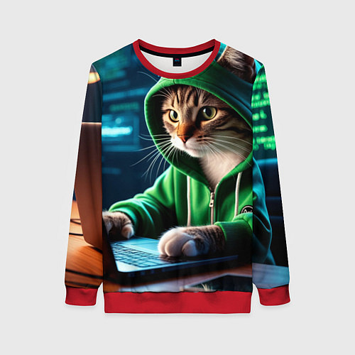 Женский свитшот Котенок хакер за ноутбуком / 3D-Красный – фото 1
