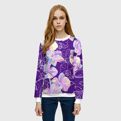 Женский свитшот Японские акварельные орхидеи / 3D-Белый – фото 3