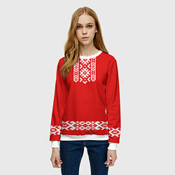 Свитшот женский Славянский узор на красном - вышиванка рубаха крас, цвет: 3D-белый — фото 2