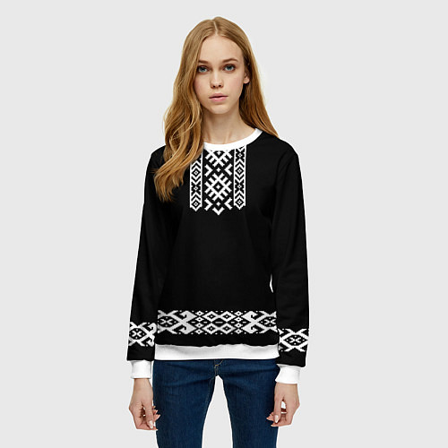 Женский свитшот Славянский орнамент и узор на черном - вышиванка р / 3D-Белый – фото 3