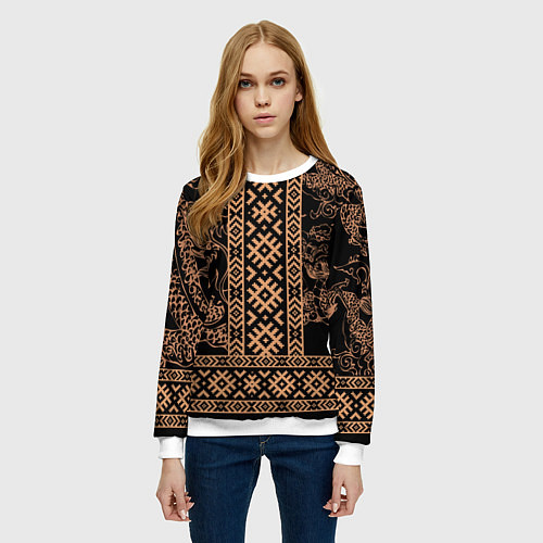 Женский свитшот Золотой дракон с узорами славянскими / 3D-Белый – фото 3