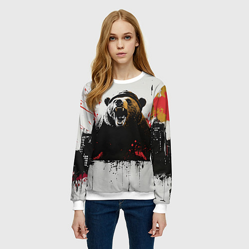 Женский свитшот Медведь и брызги краски / 3D-Белый – фото 3