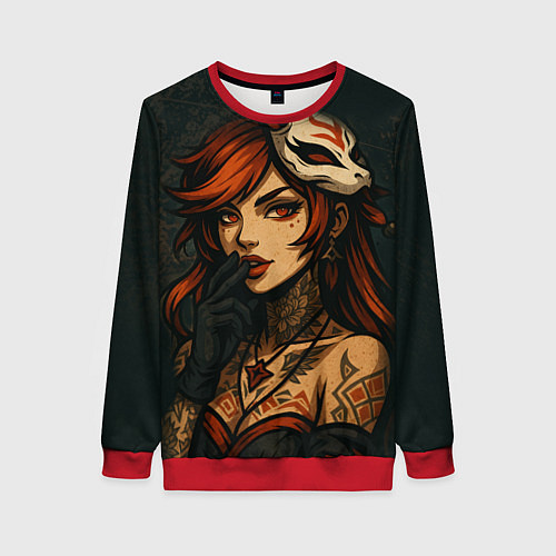 Женский свитшот Рыжая девушка с маской лисы дерзкий стиль / 3D-Красный – фото 1