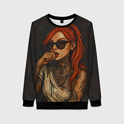 Свитшот женский Рыжая девушка в очках с тату, цвет: 3D-черный
