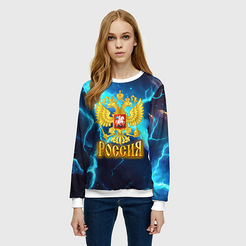 Женский свитшот Россия герб на синих молниях / 3D-Белый – фото 3