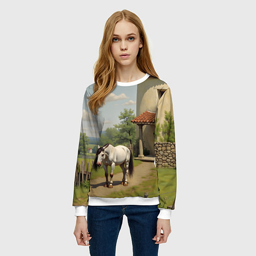Женский свитшот Старый домик и лошадь / 3D-Белый – фото 3