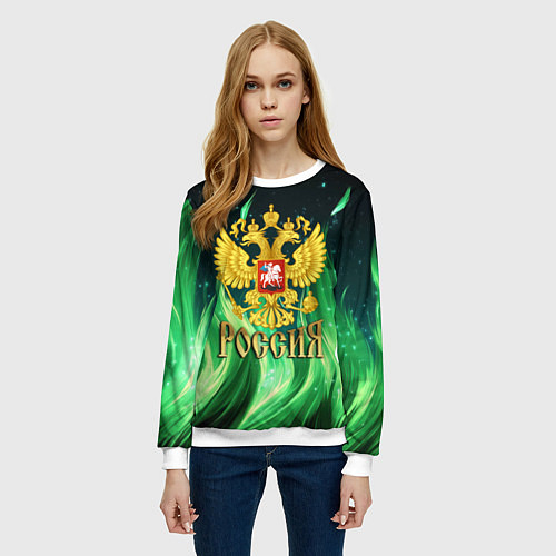 Женский свитшот Россия на фоне зеленого огня / 3D-Белый – фото 3