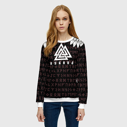 Женский свитшот Асгард на фоне рун и валькнут / 3D-Белый – фото 3