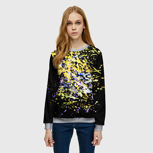 Женский свитшот Желто синяя краска на черном / 3D-Меланж – фото 3