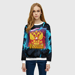 Свитшот женский Герб России и неоновые разломы, цвет: 3D-белый — фото 2