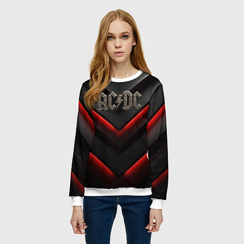 Женский свитшот ACDC лого из металла на черно-красной текстуре / 3D-Белый – фото 3