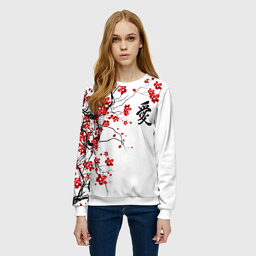 Женский свитшот Сакура с иероглифом Любовь / 3D-Белый – фото 3