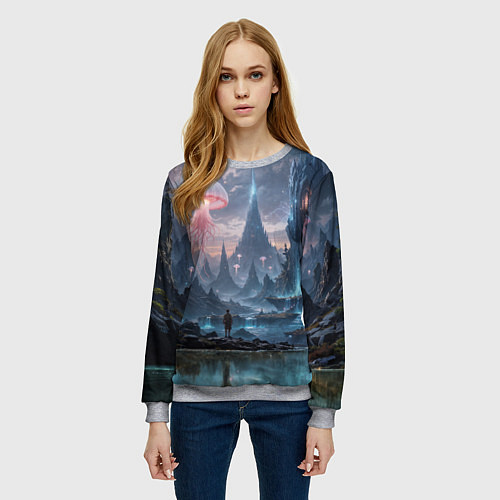 Женский свитшот Фантастический мир с медузами и озеро у гор / 3D-Меланж – фото 3