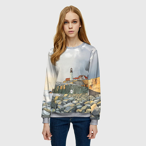 Женский свитшот Маяк и камни на пляже - акварельный рисунок / 3D-Меланж – фото 3