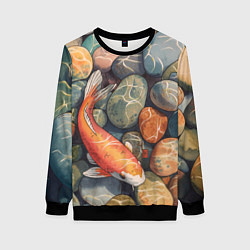 Свитшот женский Акварельный Кои карп и камушки галька, цвет: 3D-черный