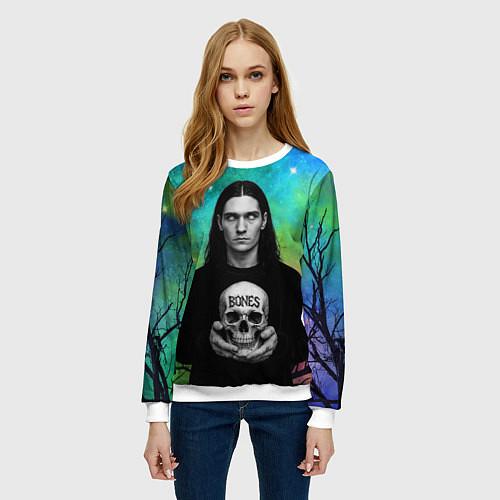 Женский свитшот Bones без зрачков держит череп в руках / 3D-Белый – фото 3