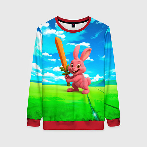 Женский свитшот Розовый заяц с мечом из морковки / 3D-Красный – фото 1