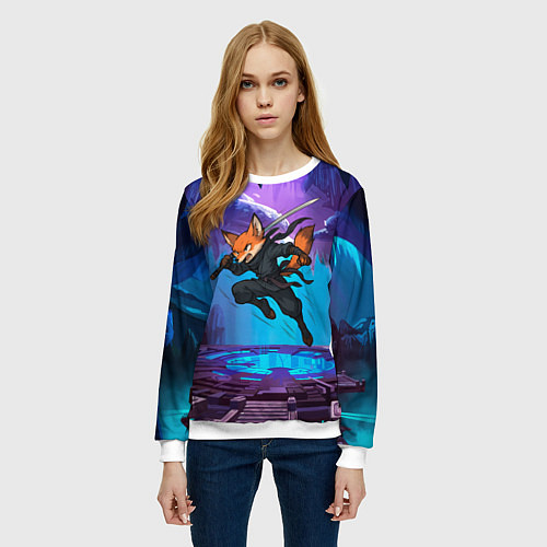 Женский свитшот Лис ниндзя в прыжке / 3D-Белый – фото 3