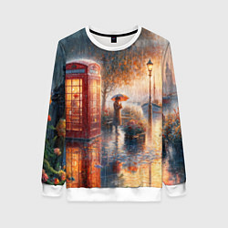 Свитшот женский Красная телефонная будка на набережной, цвет: 3D-белый