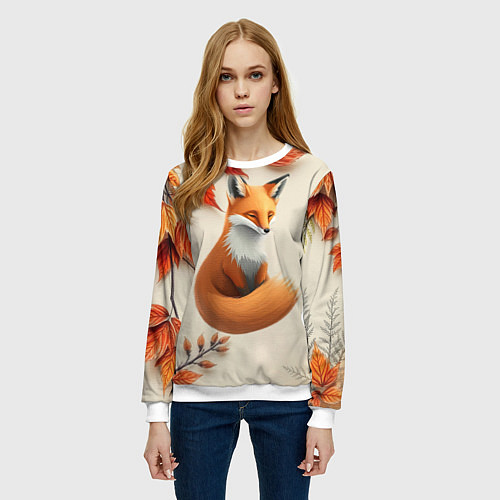 Женский свитшот Лис под осенними листьями / 3D-Белый – фото 3