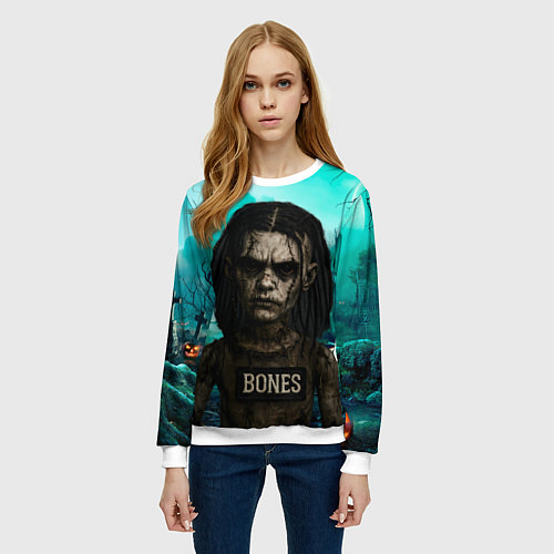 Женский свитшот Bones в стиле хоррор куклы / 3D-Белый – фото 3