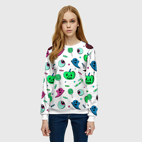 Женский свитшот Halloween light green pumpkin - паттерн / 3D-Белый – фото 3