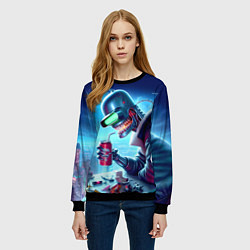 Свитшот женский Кибер Бендер пьёт лимонад - неоновое свечение, цвет: 3D-черный — фото 2