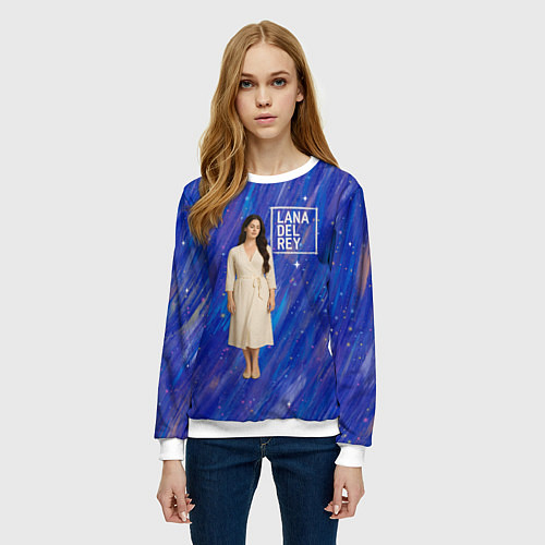 Женский свитшот Lana Del Rey в белом классическом платье на синем / 3D-Белый – фото 3