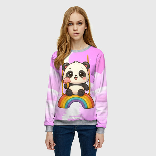 Женский свитшот Панда с мороженым качается на радуге / 3D-Меланж – фото 3