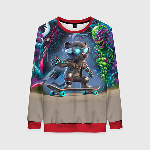 Женский свитшот Пантерёнок крутой скейтбордист на фоне граффити / 3D-Красный – фото 1