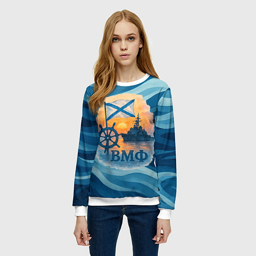 Женский свитшот ВМФ корабль на фоне заката / 3D-Белый – фото 3