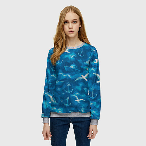Женский свитшот Морской камуфляж акварелью / 3D-Меланж – фото 3